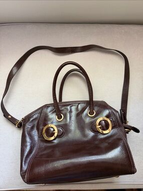 Milly Dark Brown Leather Satchel with Gold Rings